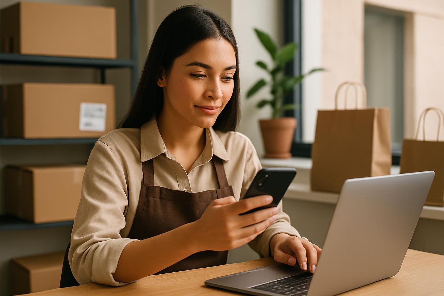 Empresário usando WhatsApp no celular para gerenciar vendas e clientes