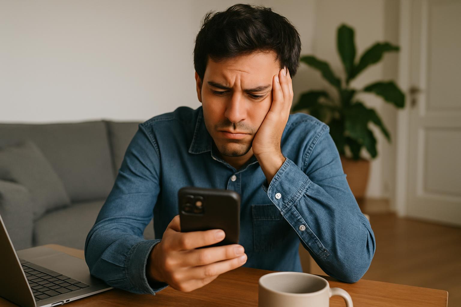 Empresário frustrado gerenciando múltiplas conversas de WhatsApp no celular