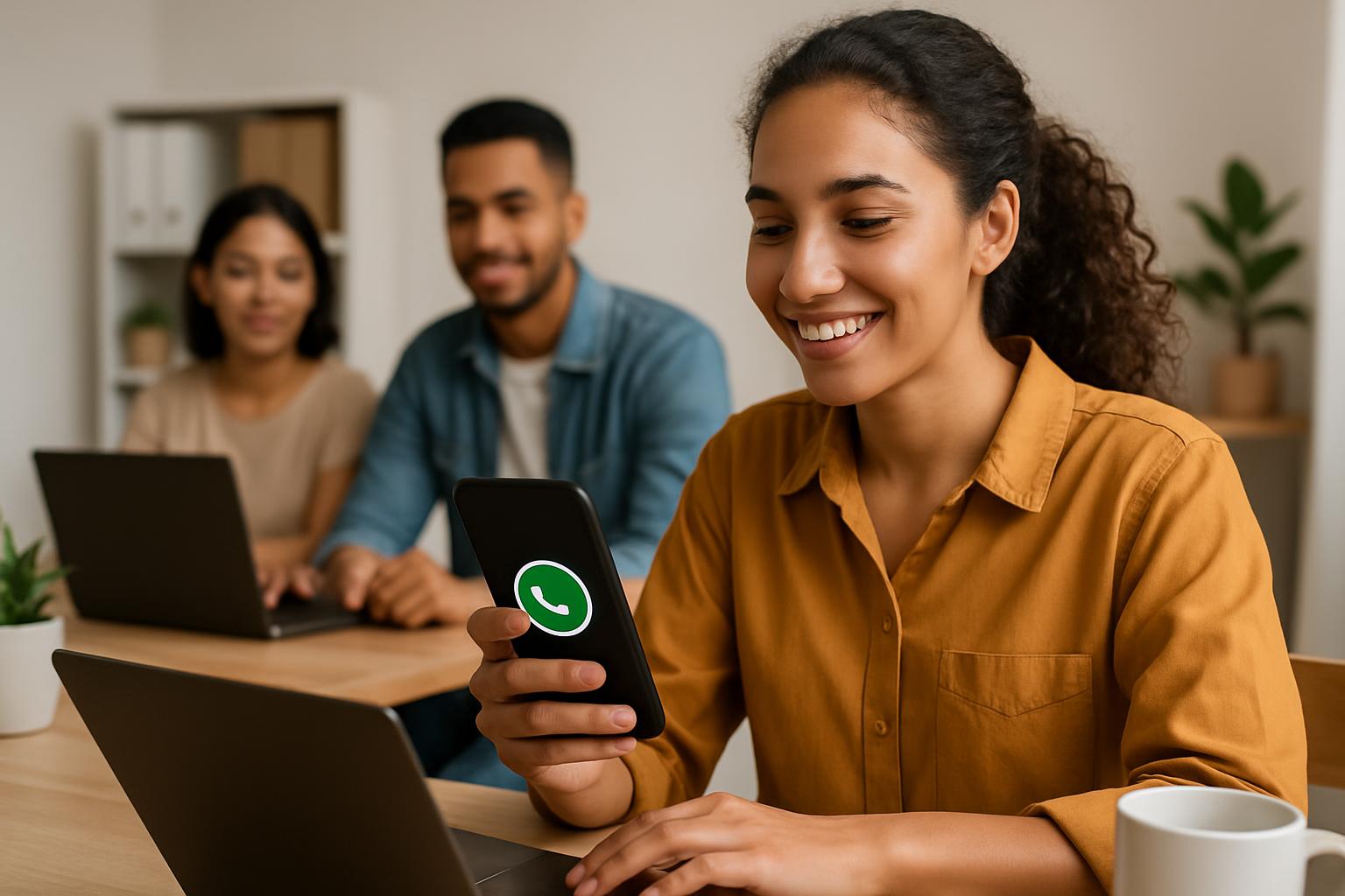 Equipe de vendedores conversando pelo WhatsApp em ambiente comercial